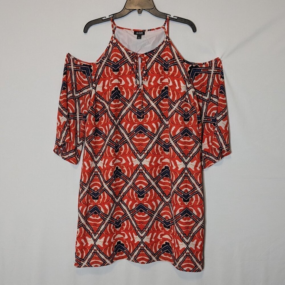 A.N.A. Red Print Chiffon Cold Shoulder 3/4 Sleeve Short Straight Dress; Size XL